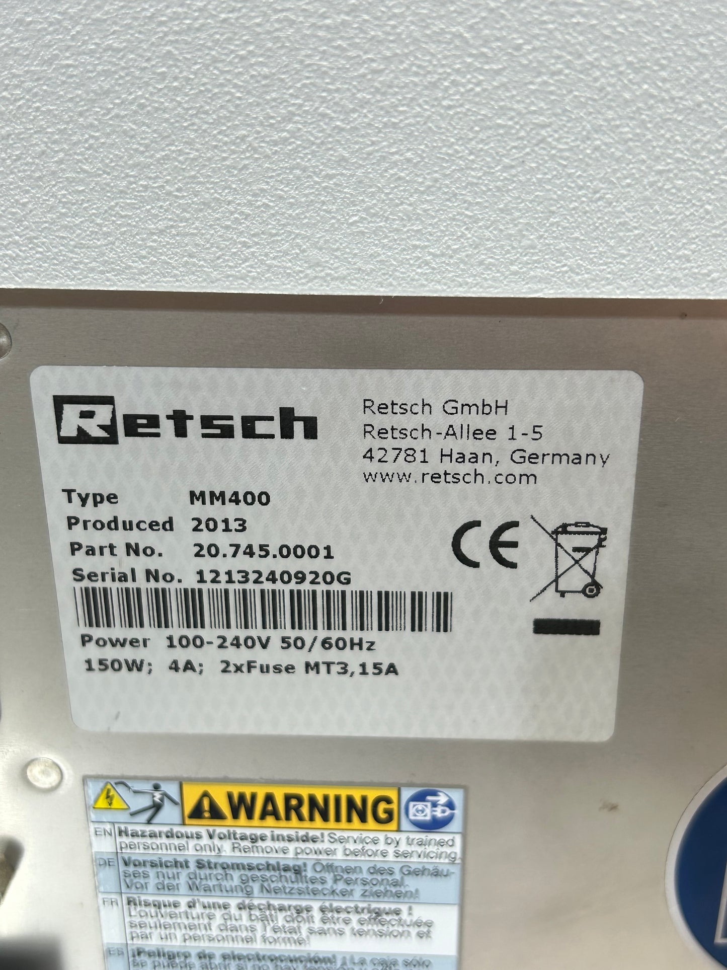 Retsch MM400 Mixer Mill DOM 2013