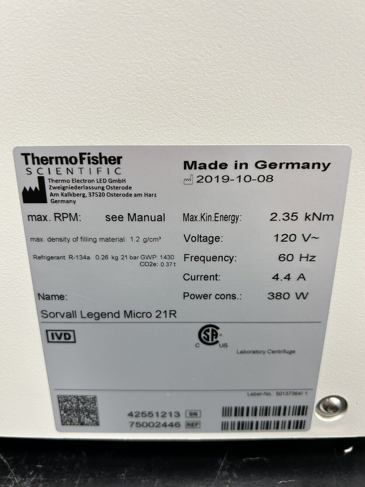 Thermo Sorvall Legend Micro 21R Refrigerated Centrifuge