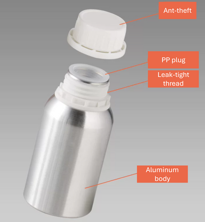 Pk of 2 Aluminum bottles for liquids anti-theft suitable for battery electrolytes