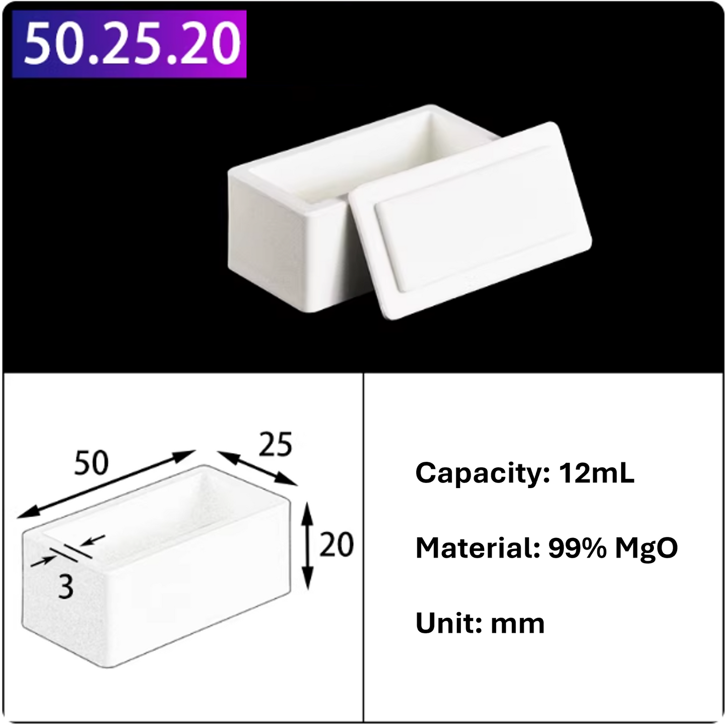 Magneium Oxide MgO Boat Rectangular Crucible 99% Pure with Lid