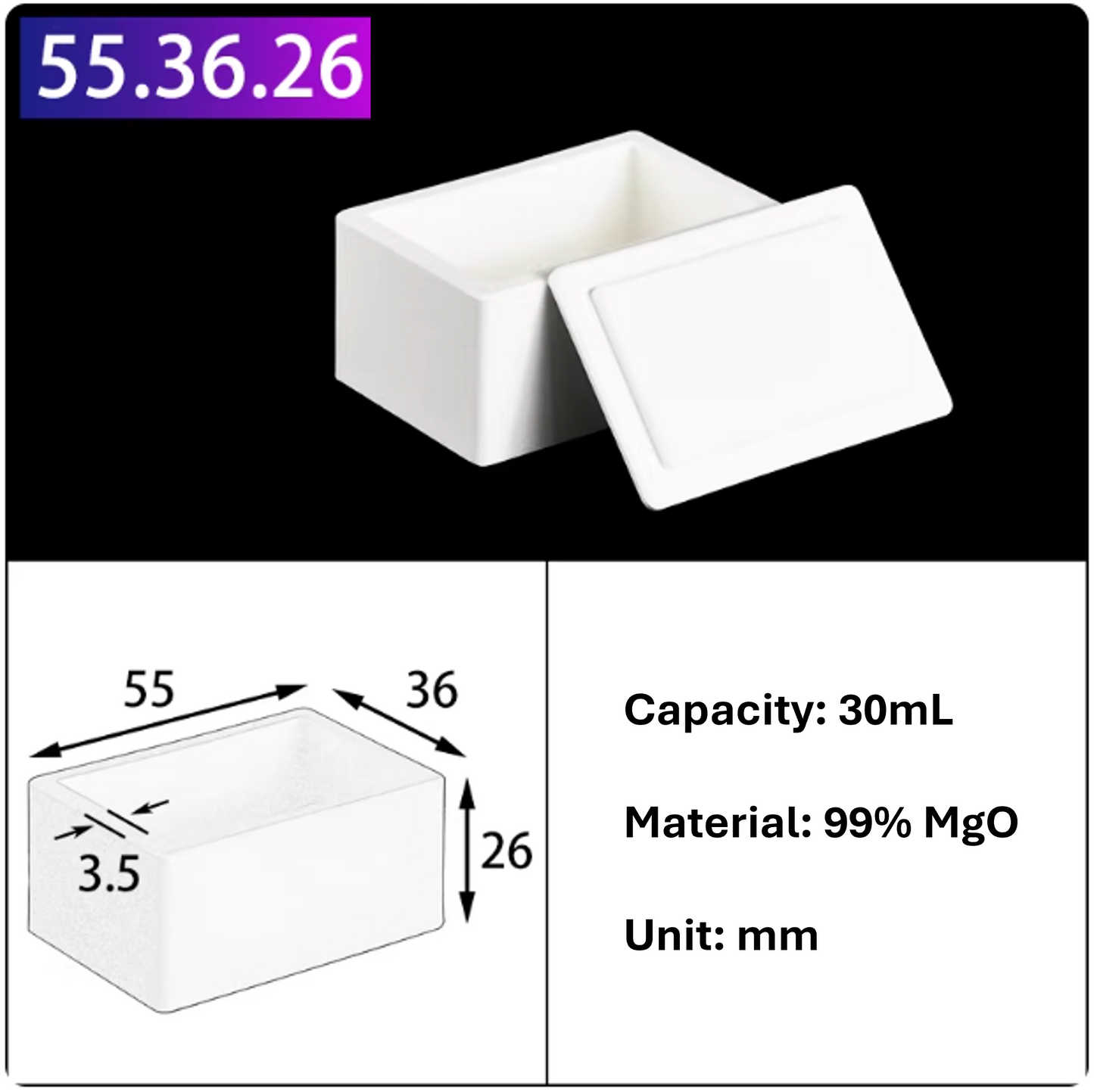 Magneium Oxide MgO Boat Rectangular Crucible 99% Pure with Lid