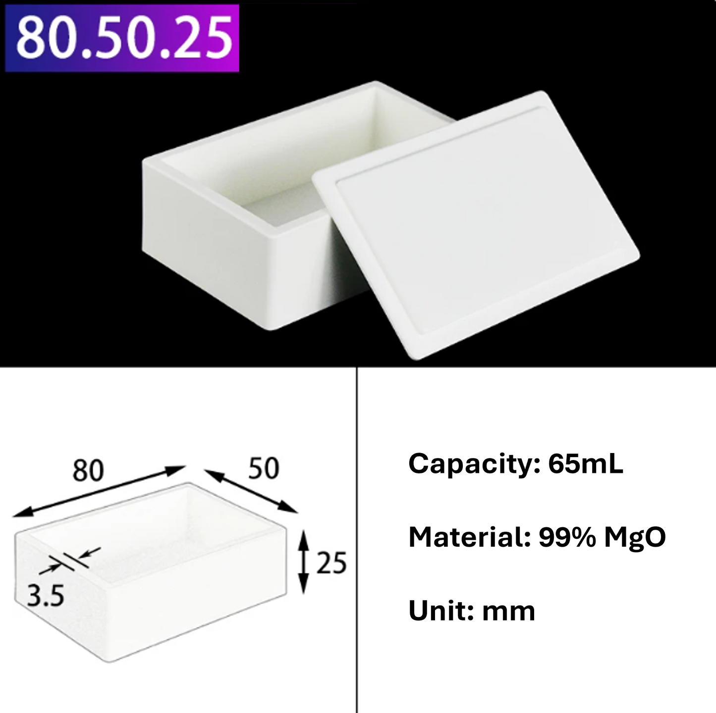 Magneium Oxide MgO Boat Rectangular Crucible 99% Pure with Lid