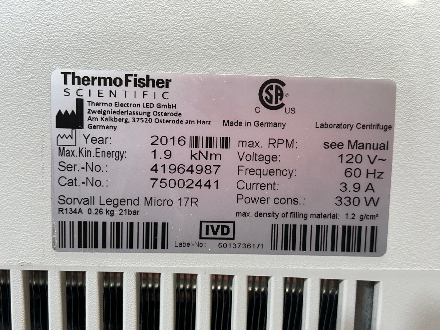 Thermo Sorvall Legend Micro 17R Refrigerated Benchtop Centrifuge DOM 2016